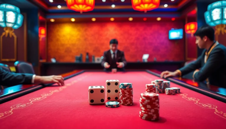 Tai Xiu game table in a luxurious casino, featuring engaging players and vibrant dice.