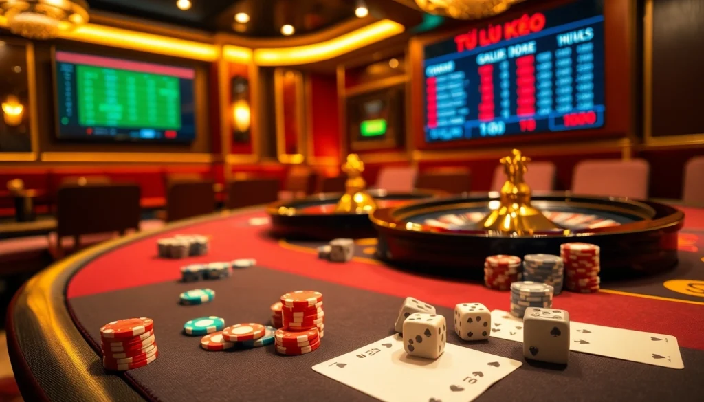 Tỷ lệ kèo displayed on a dynamic casino setting with poker chips and betting slips.