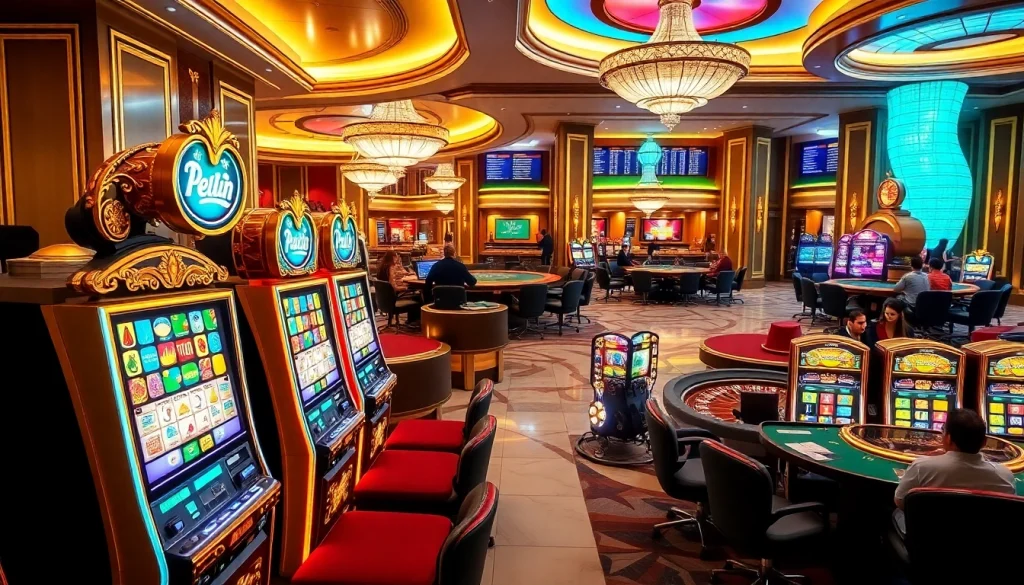 Players engaging with vibrant slot machines in a luxurious casino.