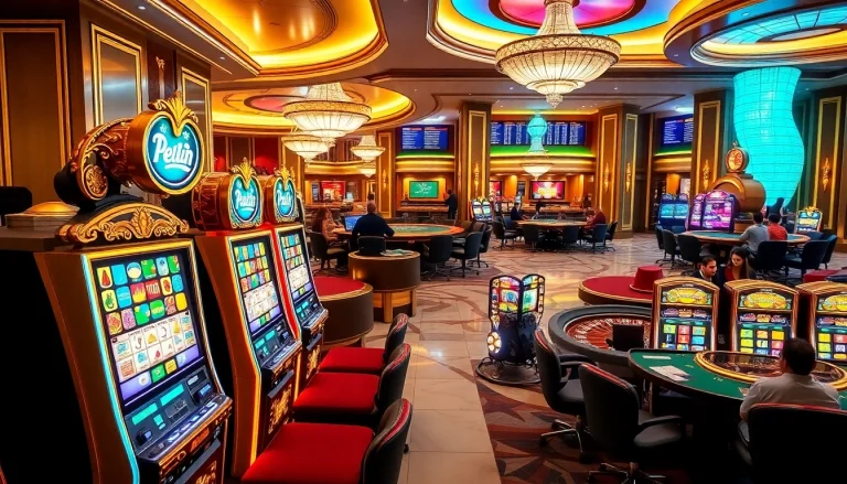 Players engaging with vibrant slot machines in a luxurious casino.