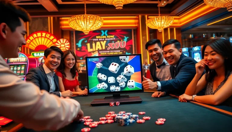 Players enjoying app tài xỉu online in a vibrant virtual casino, capturing excitement and thrill.