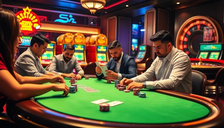 Engaged players enjoying a high-stakes poker game featuring S8-themed chips.