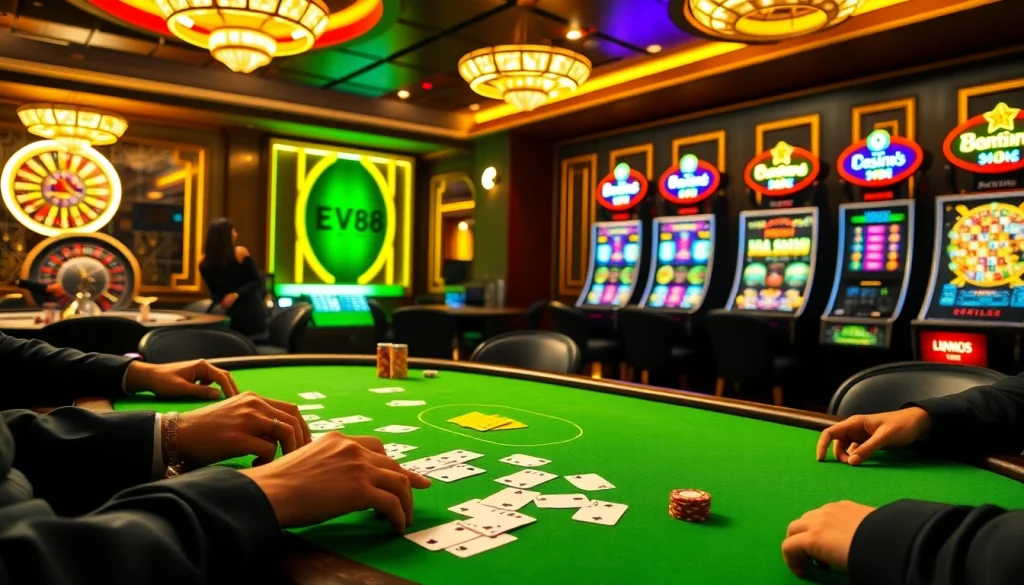 Experience the thrill of Ev88 at a luxurious poker table with vibrant games and elegant chips.
