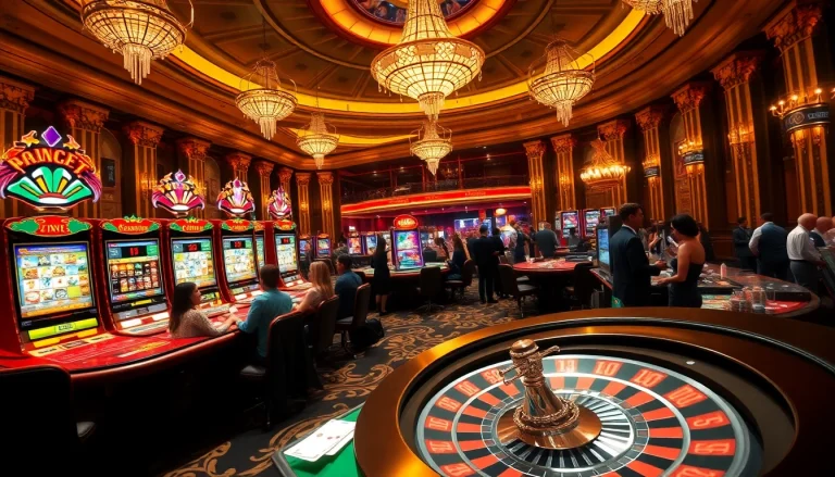Exciting casino action at 98win com with vibrant tables, slot machines, and roulette wheel.