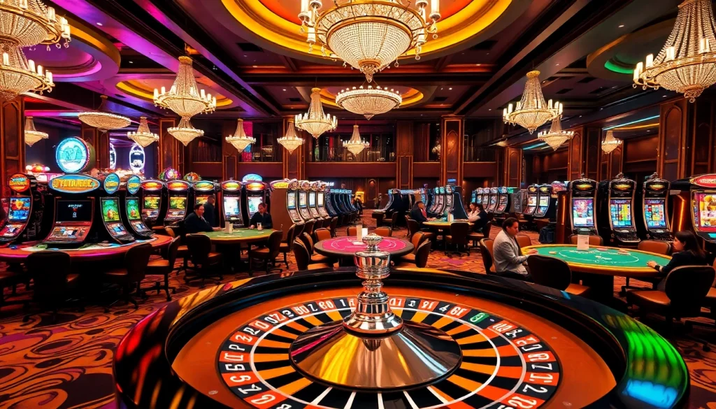 Experience the thrill of gaming in a lively casino setting inspired by FLY88, featuring roulette and poker tables.
