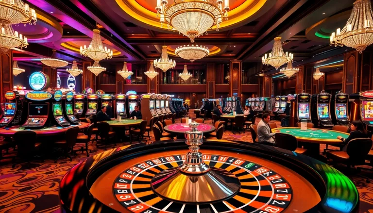 Experience the thrill of gaming in a lively casino setting inspired by FLY88, featuring roulette and poker tables.