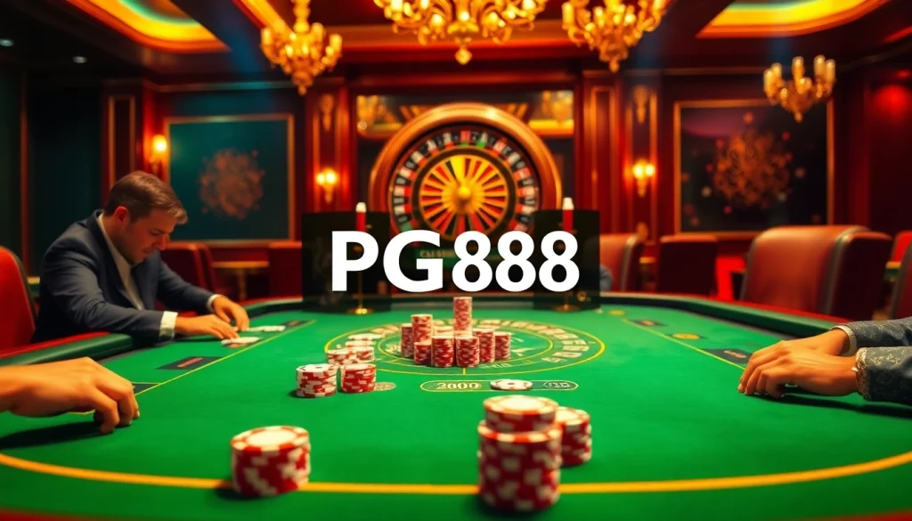 Players engaging in a thrilling poker game at PG88 casino table with vibrant chips and cards.