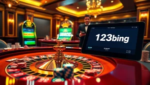 Experience thrilling moments at https://123b.ing/ with a vibrant casino scene featuring roulette and slot machines.