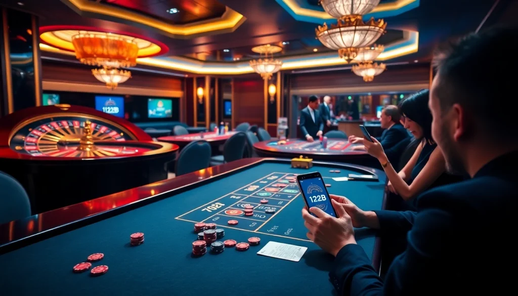 Join the excitement of gambling with App 123B on mobile, featuring vibrant casino gaming elements.
