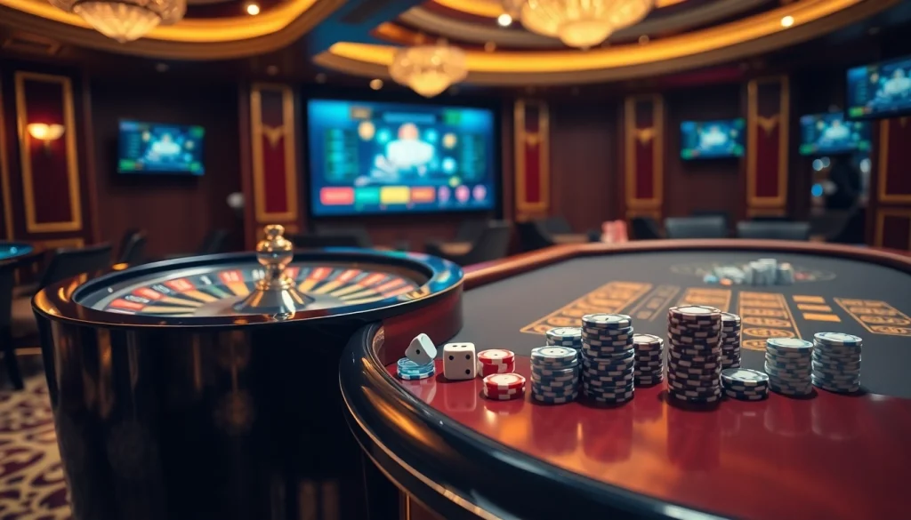 Experience excitement at top sites de casino en ligne with a luxurious casino scene featuring roulette and poker games.